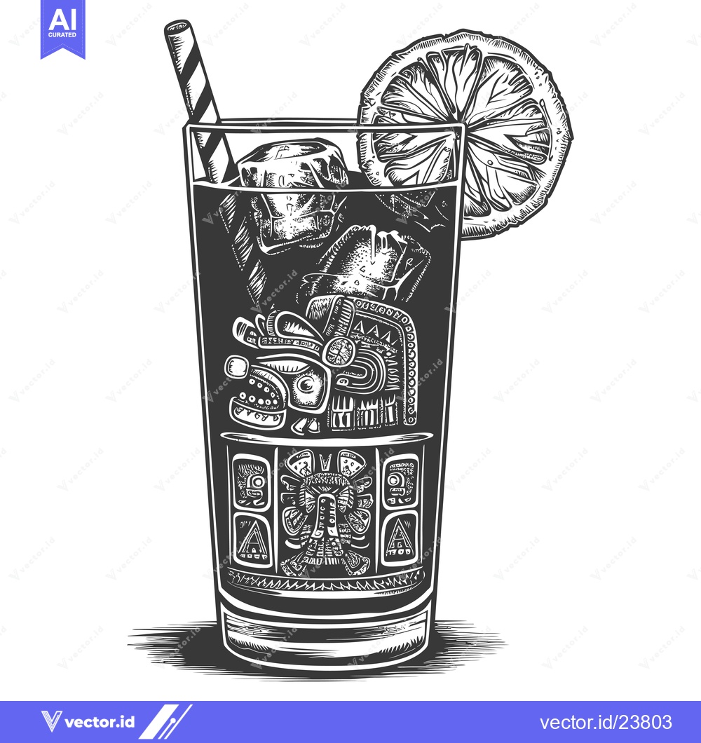 Premium Vector of Black and White Illustration of a Cocktail with Aztec-Inspired Design