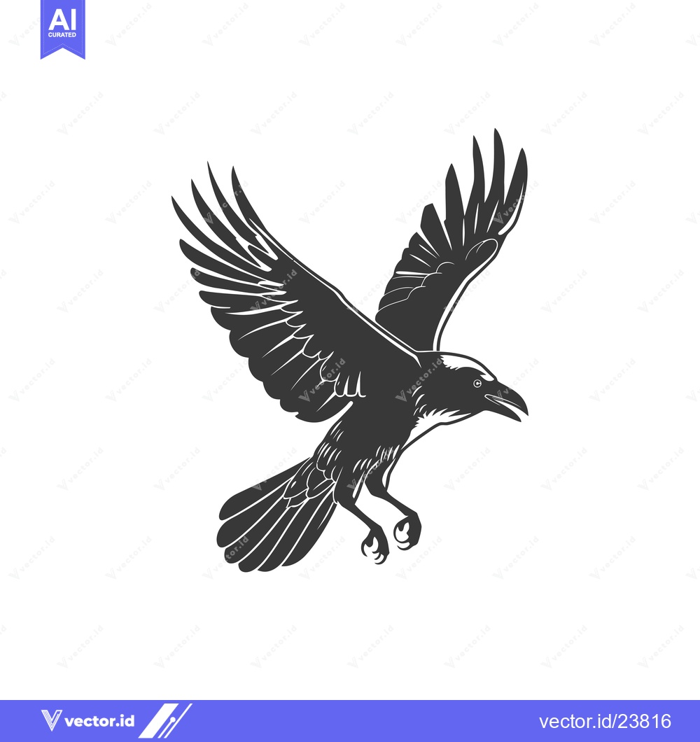Premium Vector of Black and White Illustration of a Crow in Flight