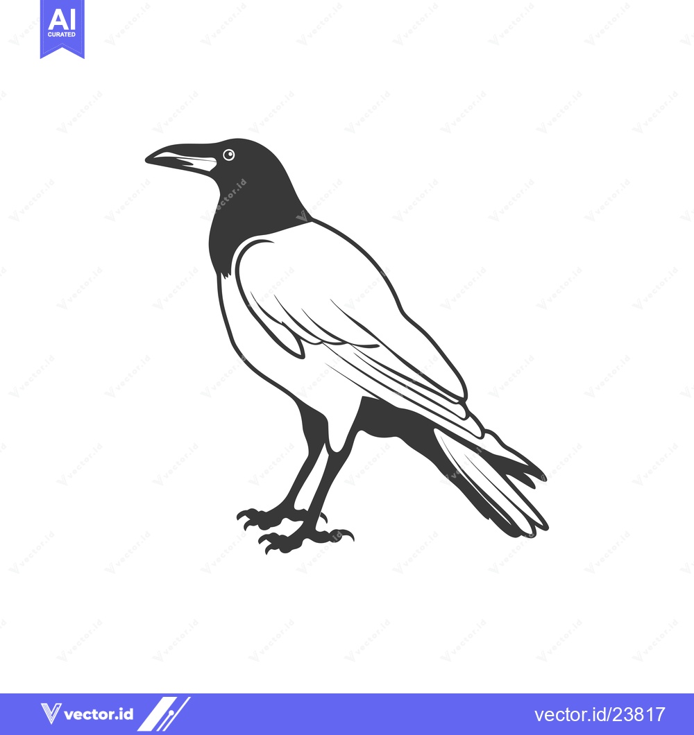 Premium Vector dari Black and white illustration of a crow standing on a white background