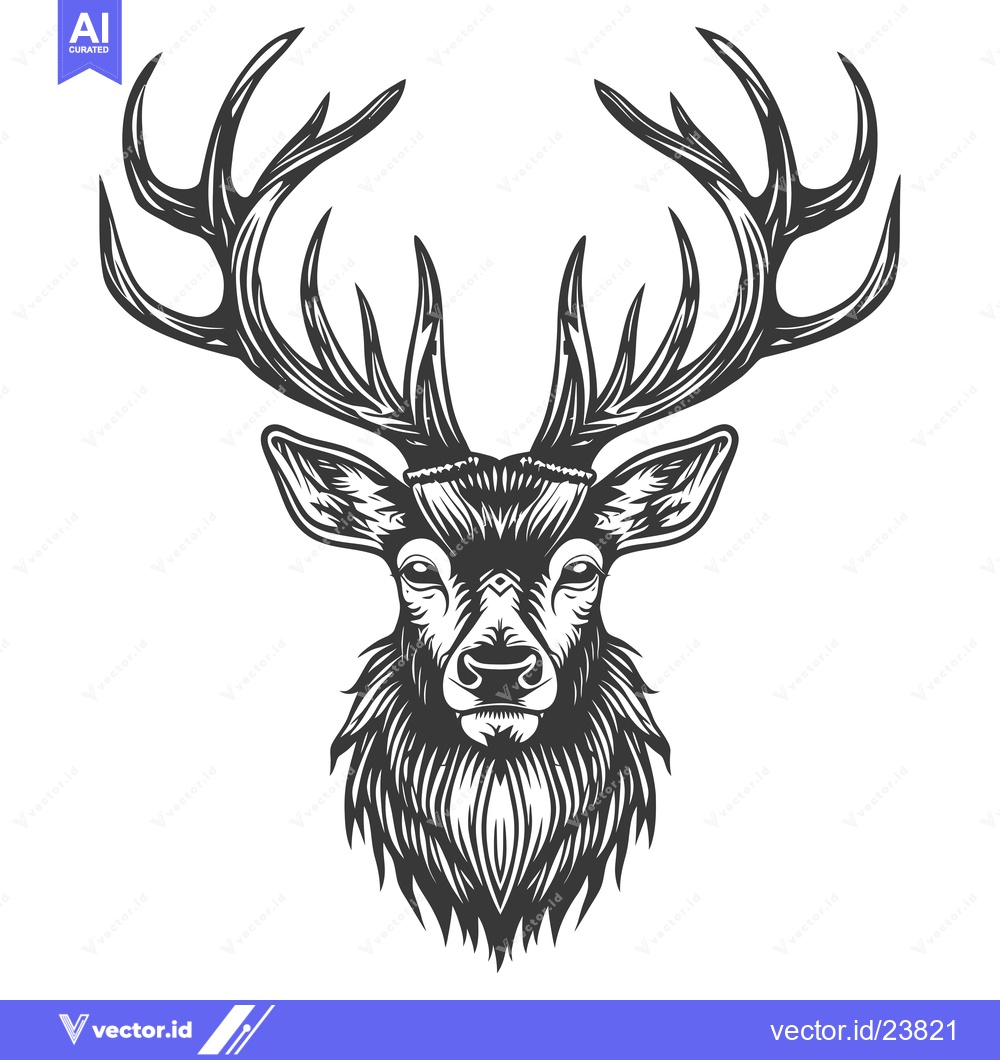 Premium Vector of Black and White Illustration of a Deer Head with Antlers