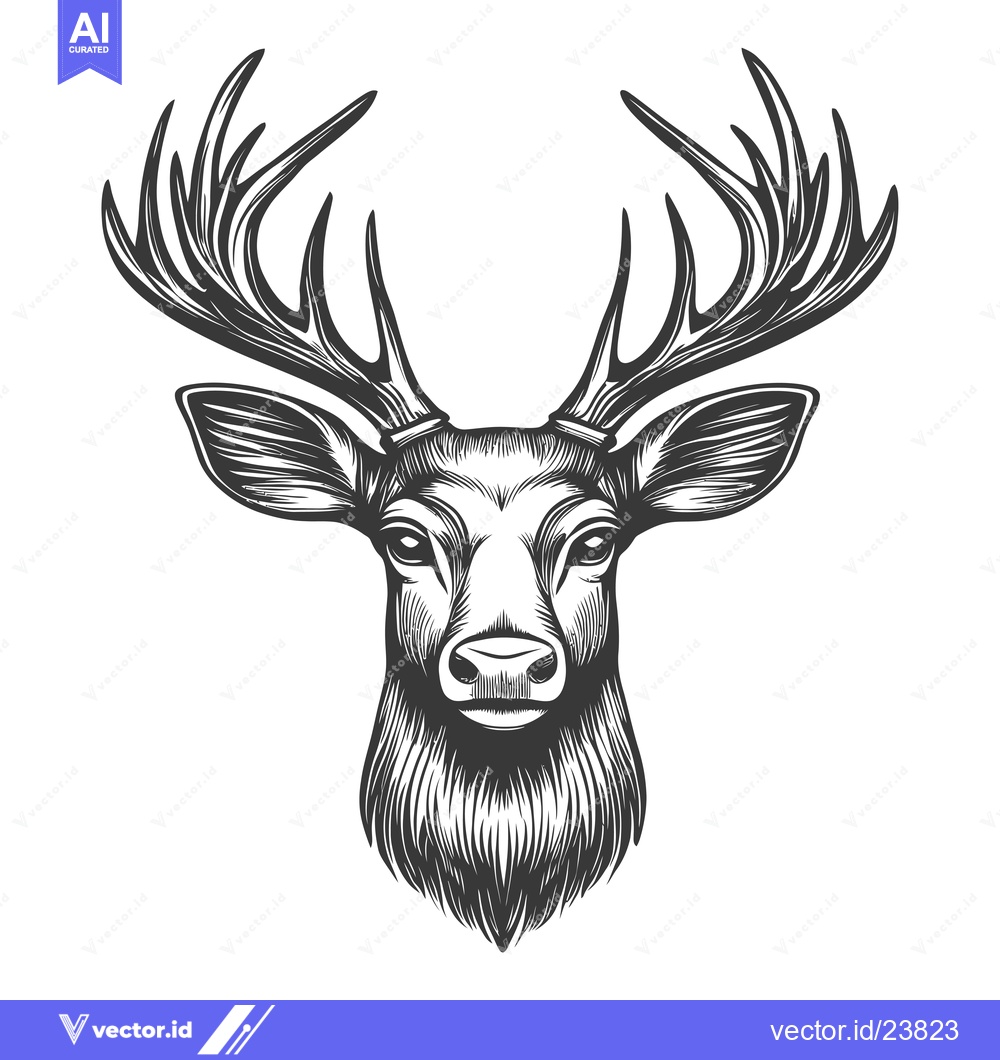 Premium Vector dari Black and White Illustration of a Deer's Head with Antlers