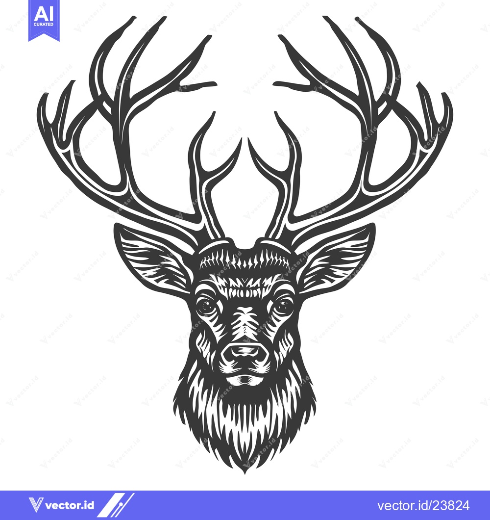 Premium Vector dari Black and white illustration of a deer's head with large antlers