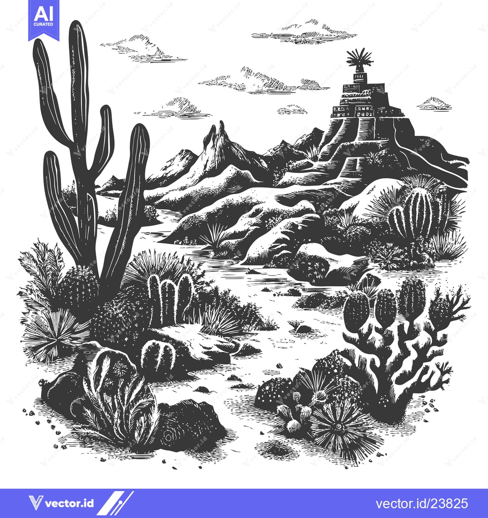 Premium Vector dari Black and White Illustration of a Desert Landscape with Cacti and Moun