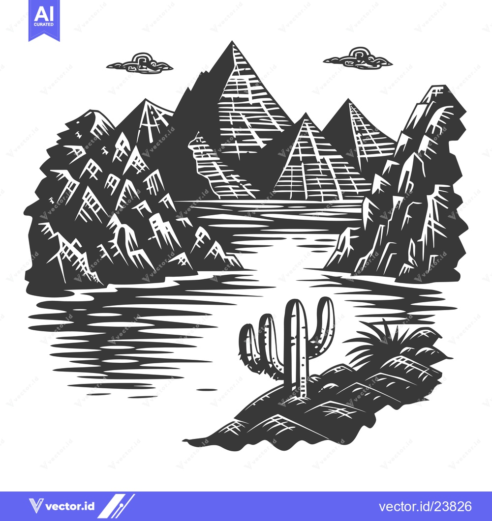 Premium Vector of Black and White Illustration of a Desert Oasis with a Cactus and Mount
