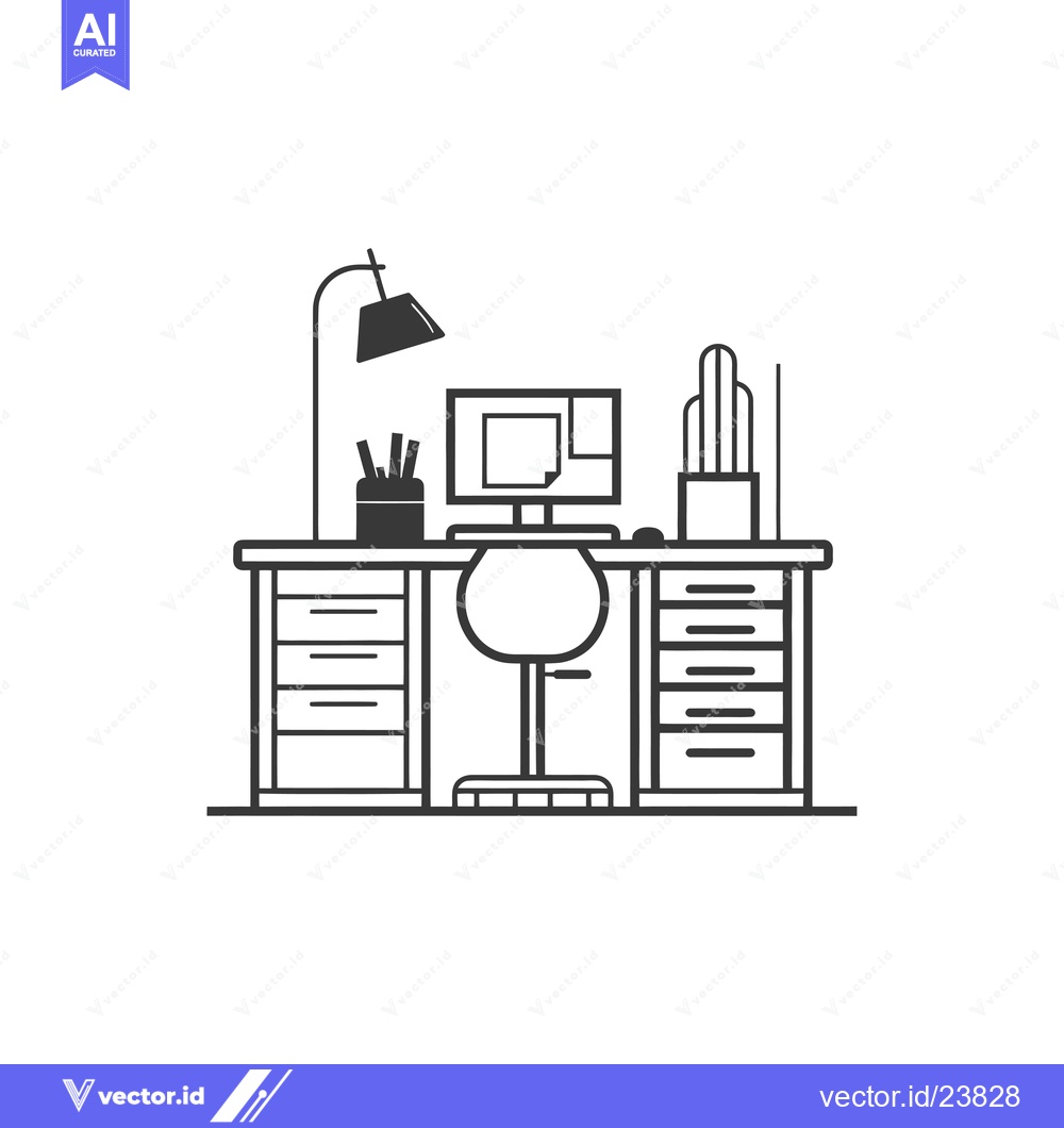 Premium Vector dari Black and White Illustration of a Desk with a Computer and Chair