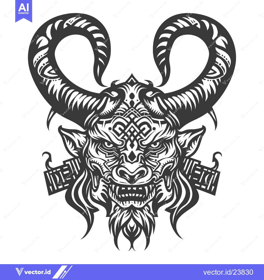 Premium Vector dari Black and White Illustration of a Detailed Monster Face with Horns