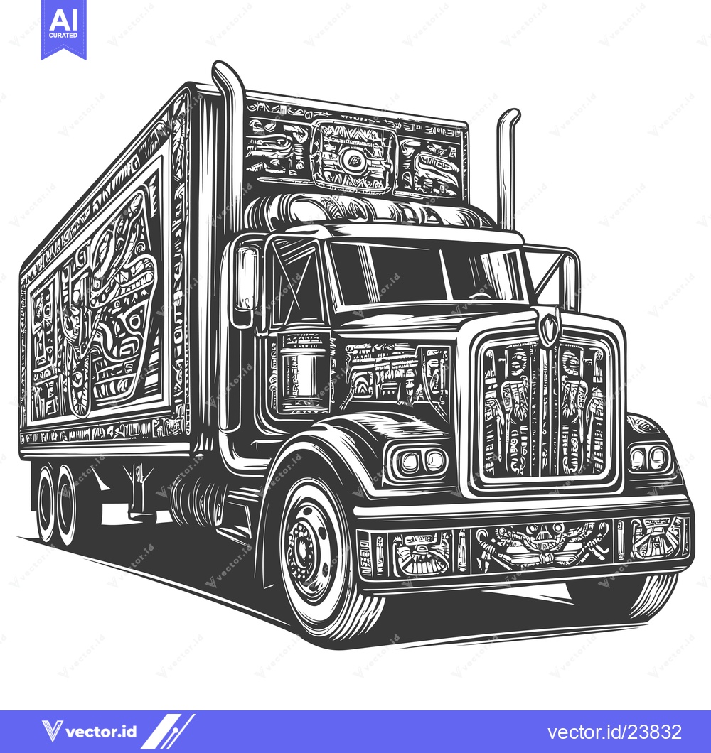 Premium Vector dari Black and White Illustration of a Detailed Semi Truck