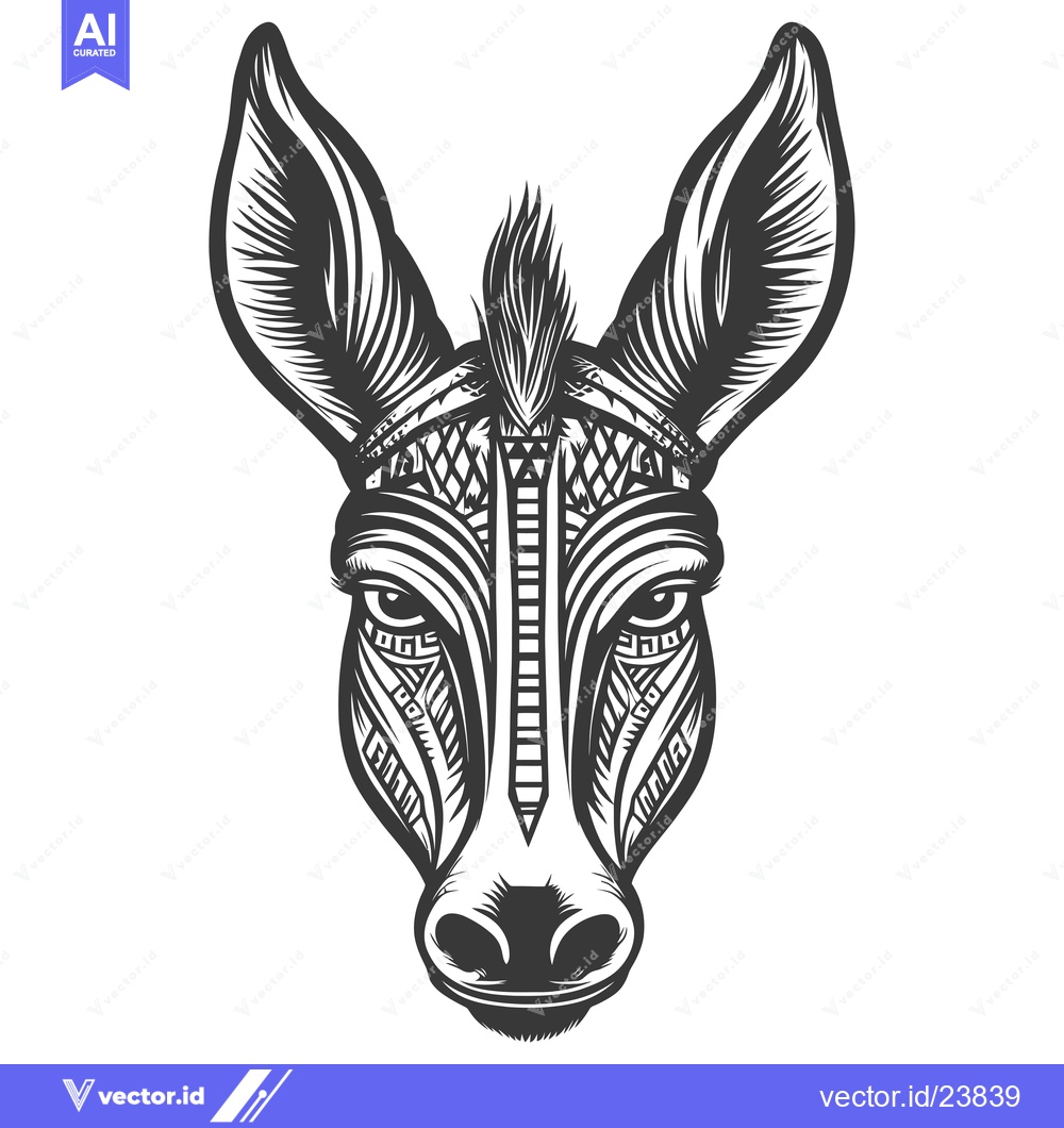 Premium Vector dari Black and White Illustration of a Donkey's Head with Tribal Patterns