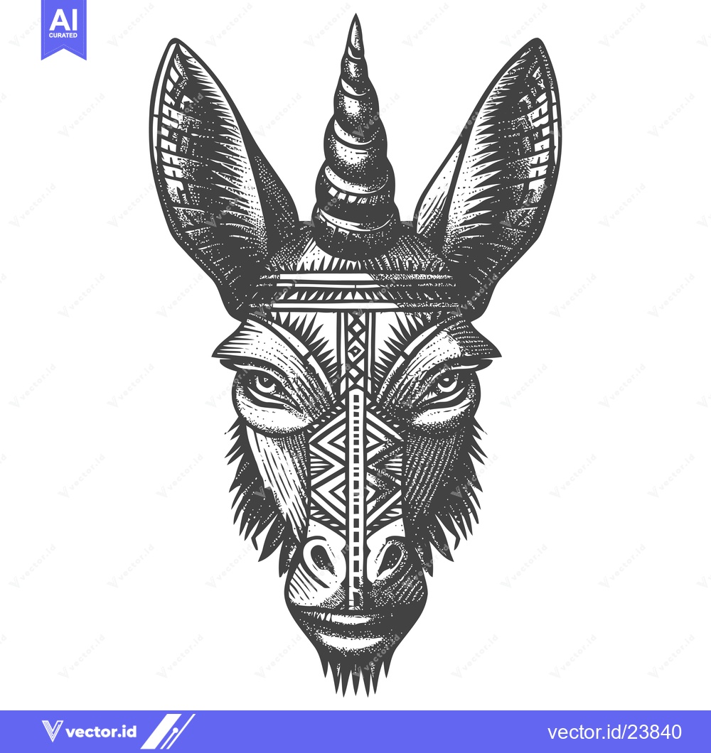 Premium Vector of Black and White Illustration of a Donkey with a Spiral Horn