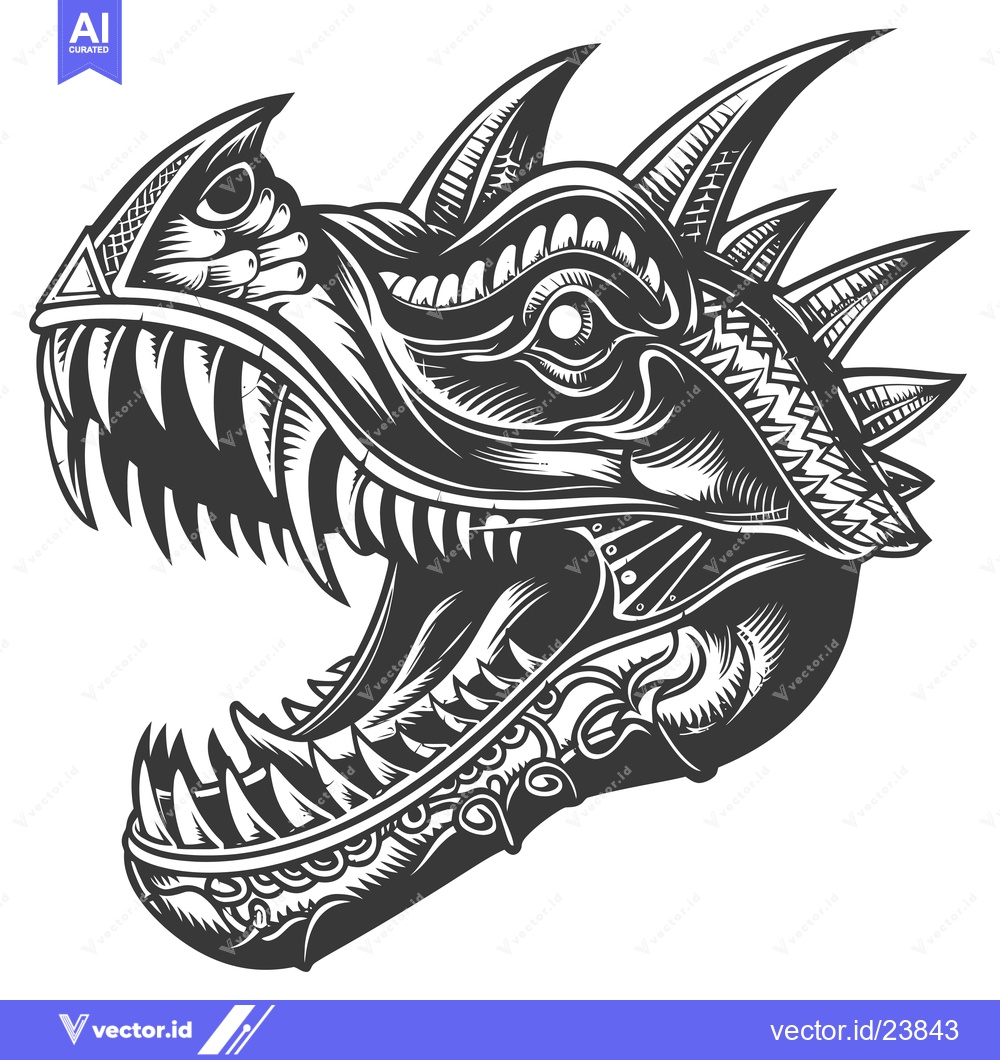 Premium Vector of Black and White Illustration of a Dragon Head with an Open Jaw