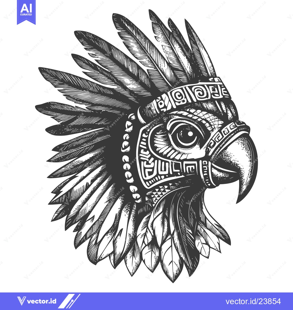 Premium Vector dari Black and White Illustration of a Feathered Eagle Head with Aztec Patt