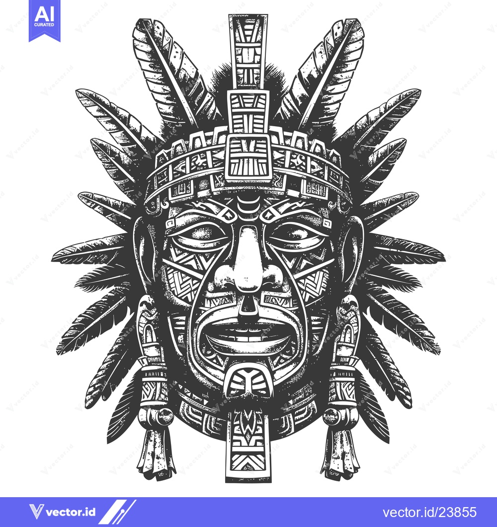 Premium Vector dari Black and White Illustration of a Feathered Mayan Mask