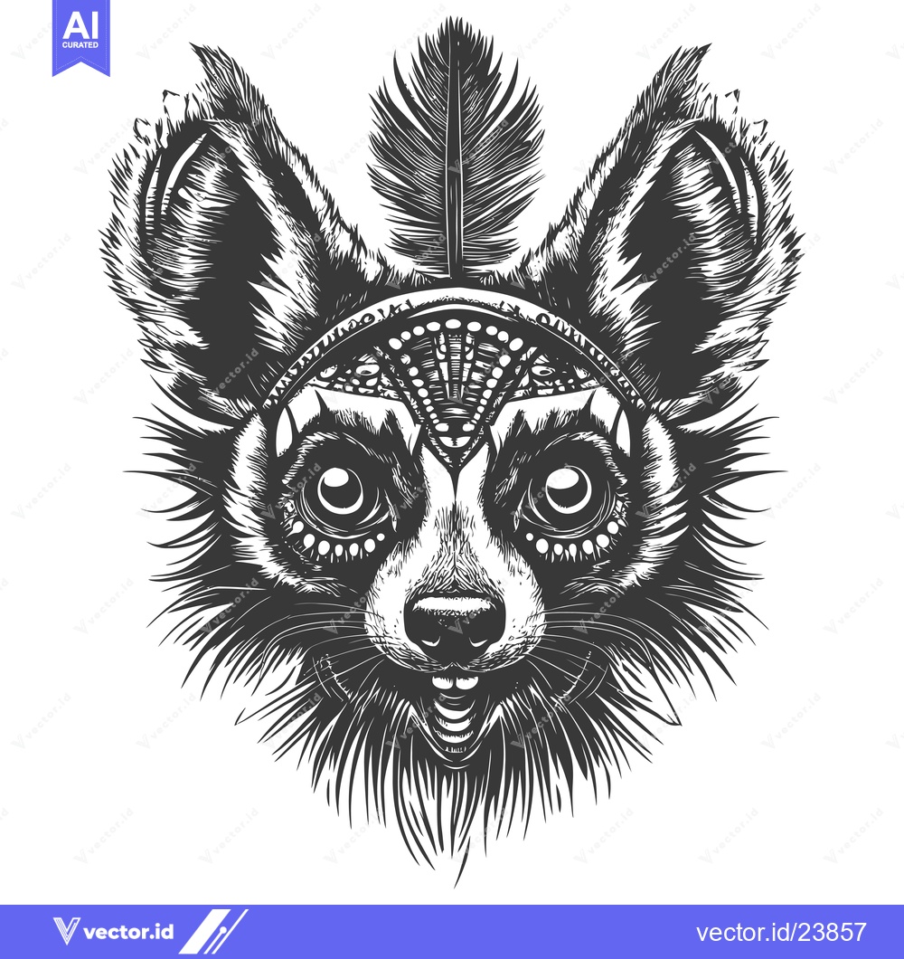 Premium Vector of Black and White Illustration of a Ferocious Animal Head with a Feather