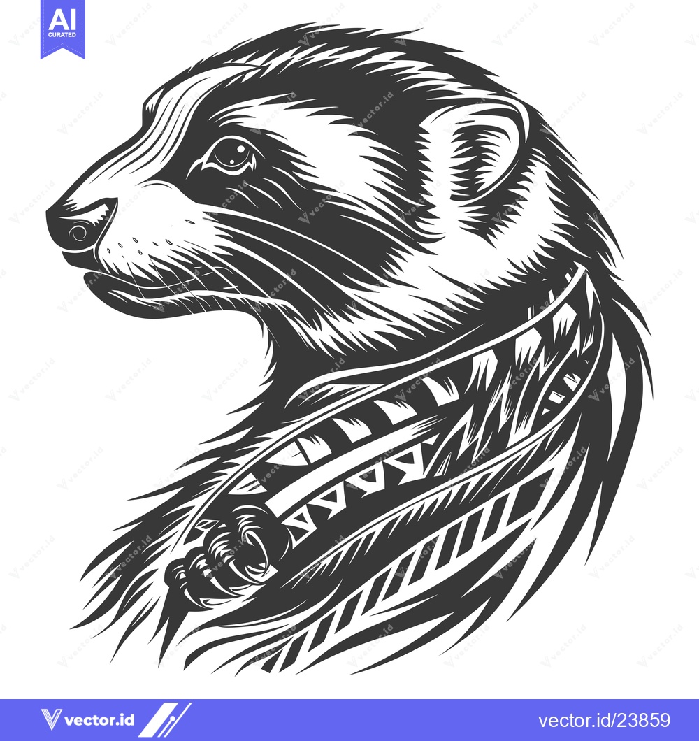 Premium Vector dari Black and White Illustration of a Ferret Head with Tribal Pattern