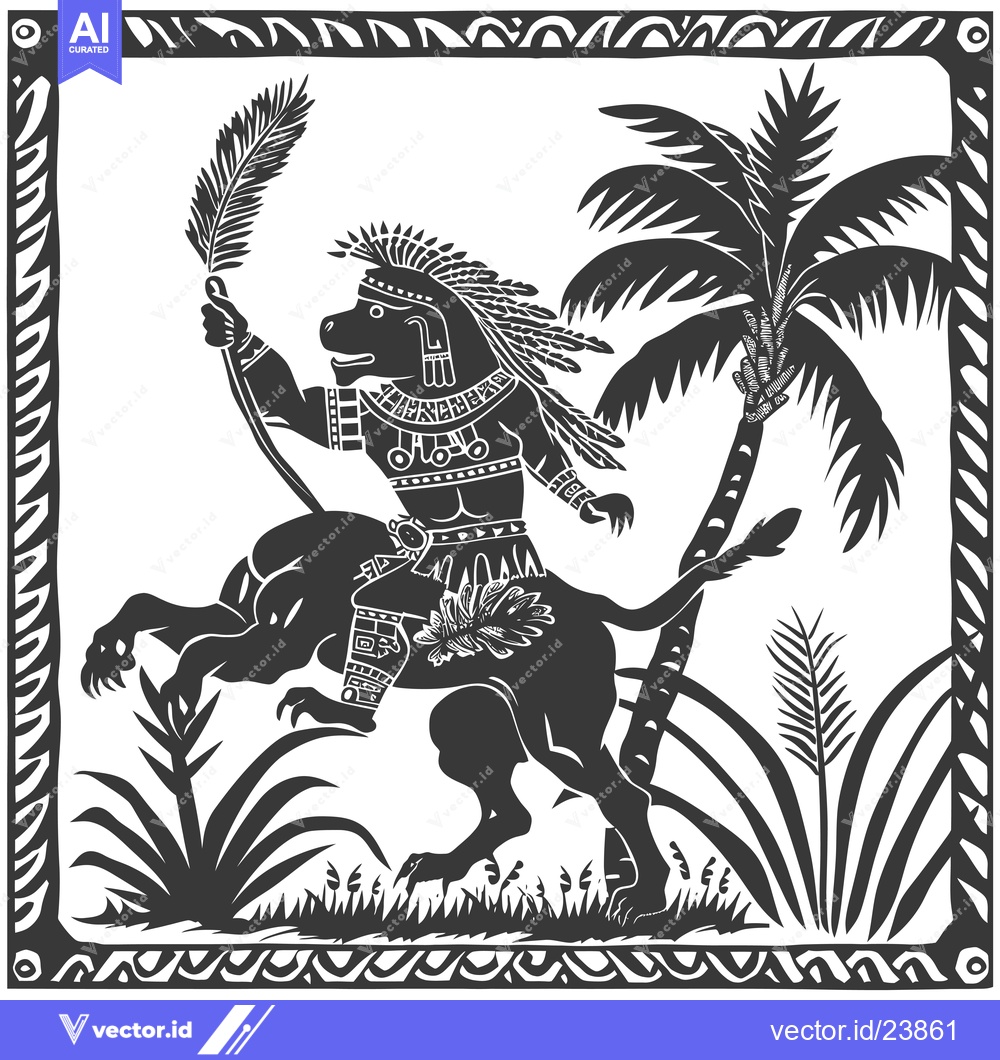 Premium Vector dari Black and White Illustration of a Figure Riding a Beast in a Tropical