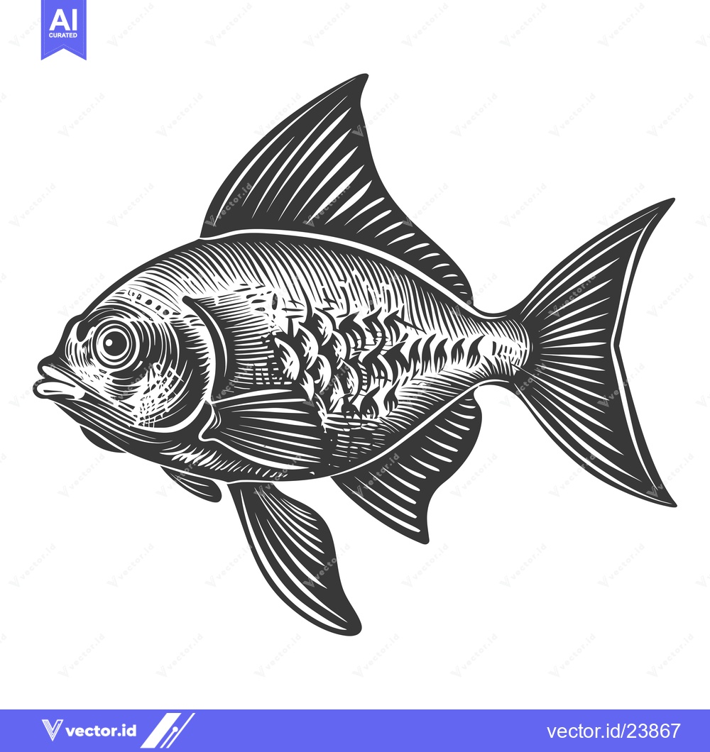 Premium Vector dari Black and White Illustration of a Fish with Detailed Fins and Scales