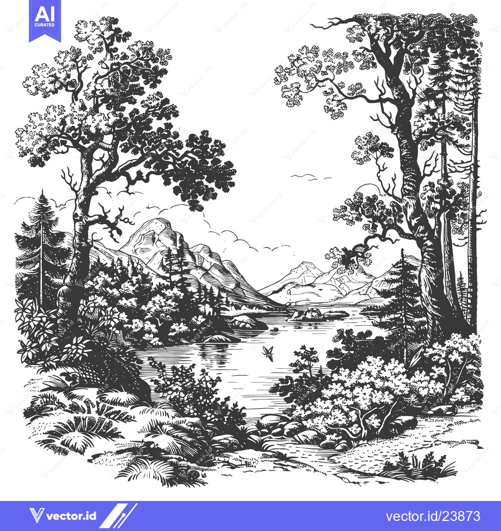 Premium Vector of Black and White Illustration of a Forest Scene with a River and Mounta