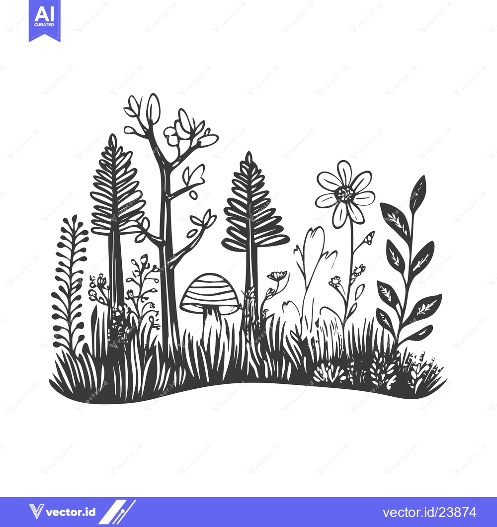 Premium Vector of Black and White Illustration of a Forest with a Mushroom