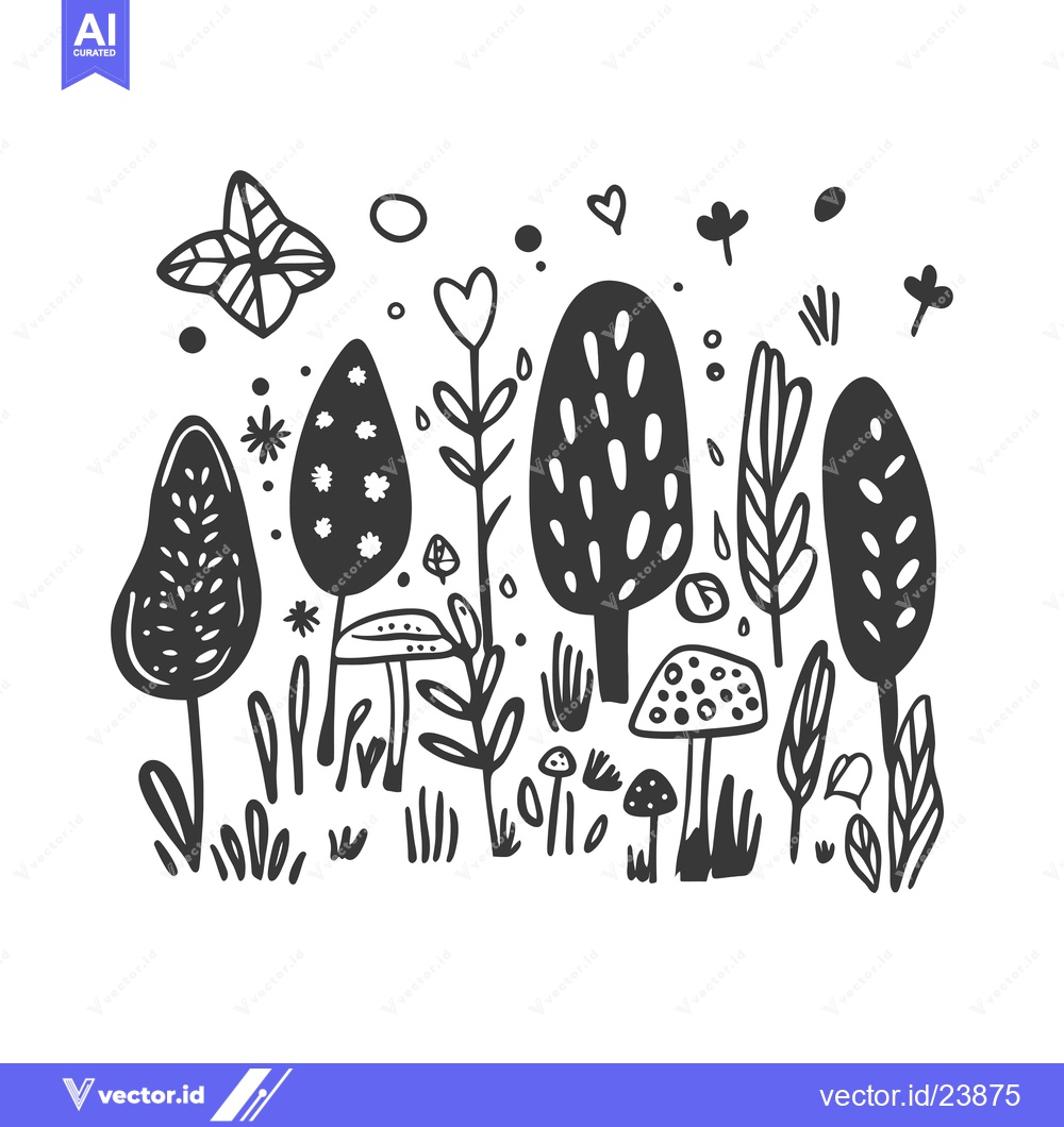 Premium Vector of Black and White Illustration of a Forest with Mushrooms and Flowers