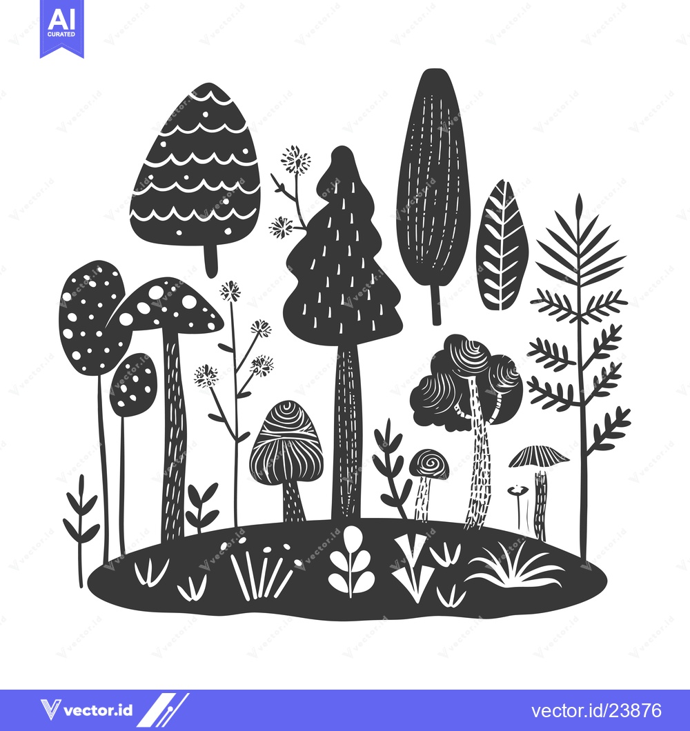 Premium Vector dari Black and White Illustration of a Forest with Trees and Mushrooms