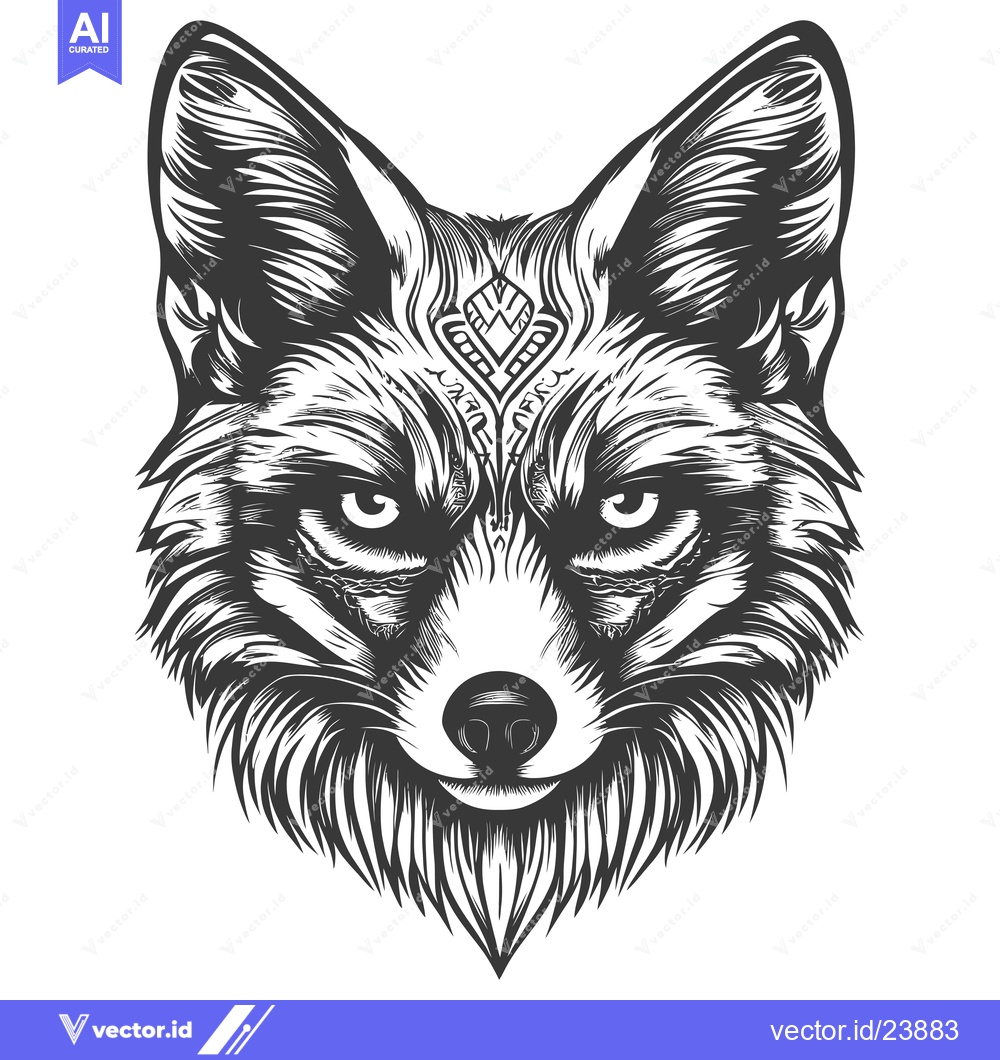 Premium Vector of Black and White Illustration of a Fox's Head with Detailed Fur and Tri