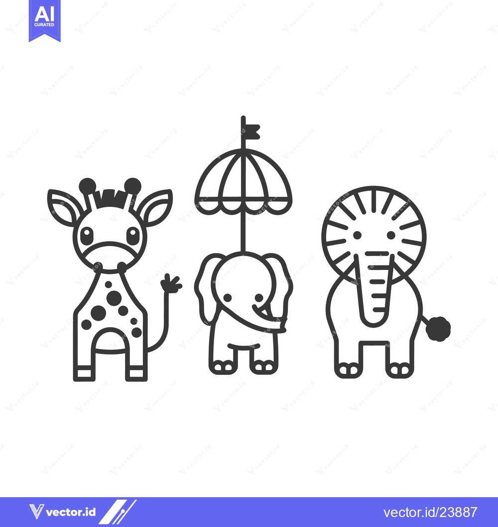 Premium Vector of Black and White Illustration of a Giraffe, Elephant, and Lion
