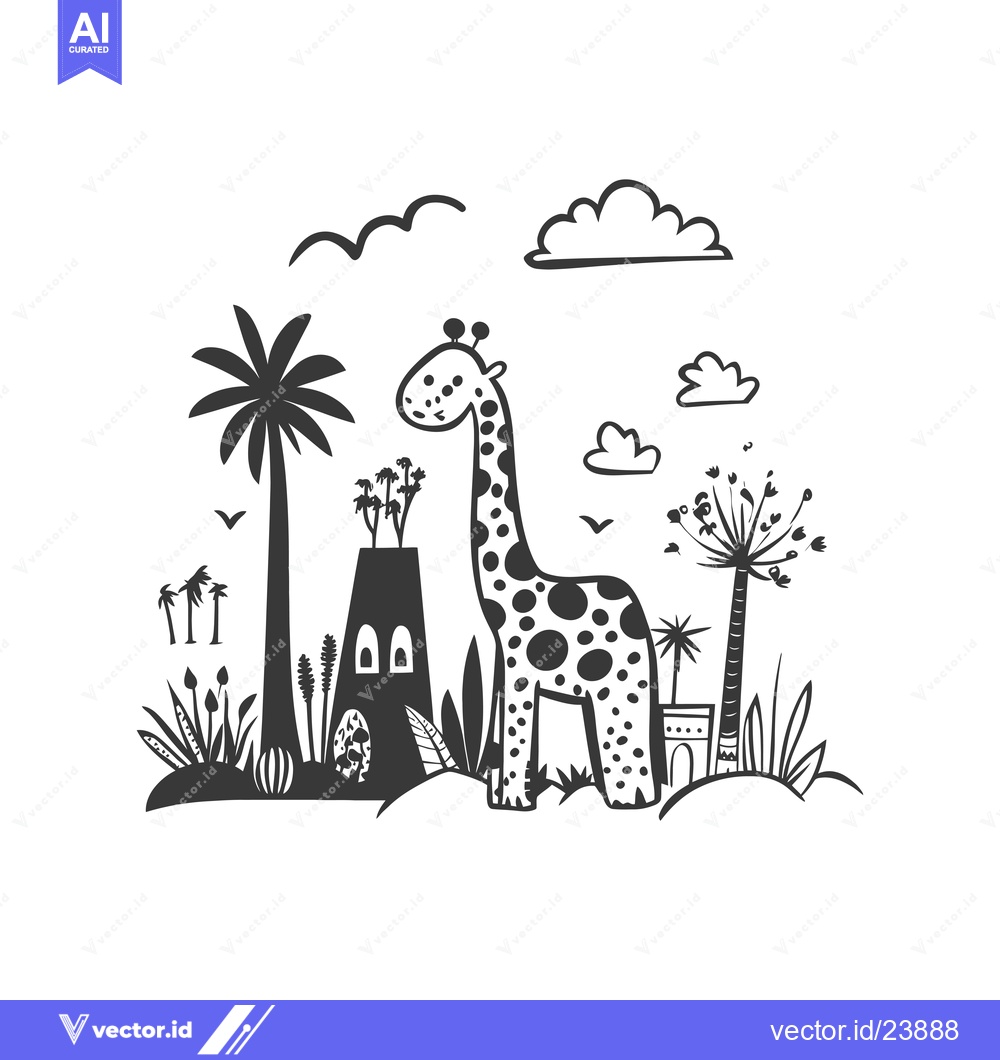 Premium Vector dari Black and White Illustration of a Giraffe in a Jungle Setting