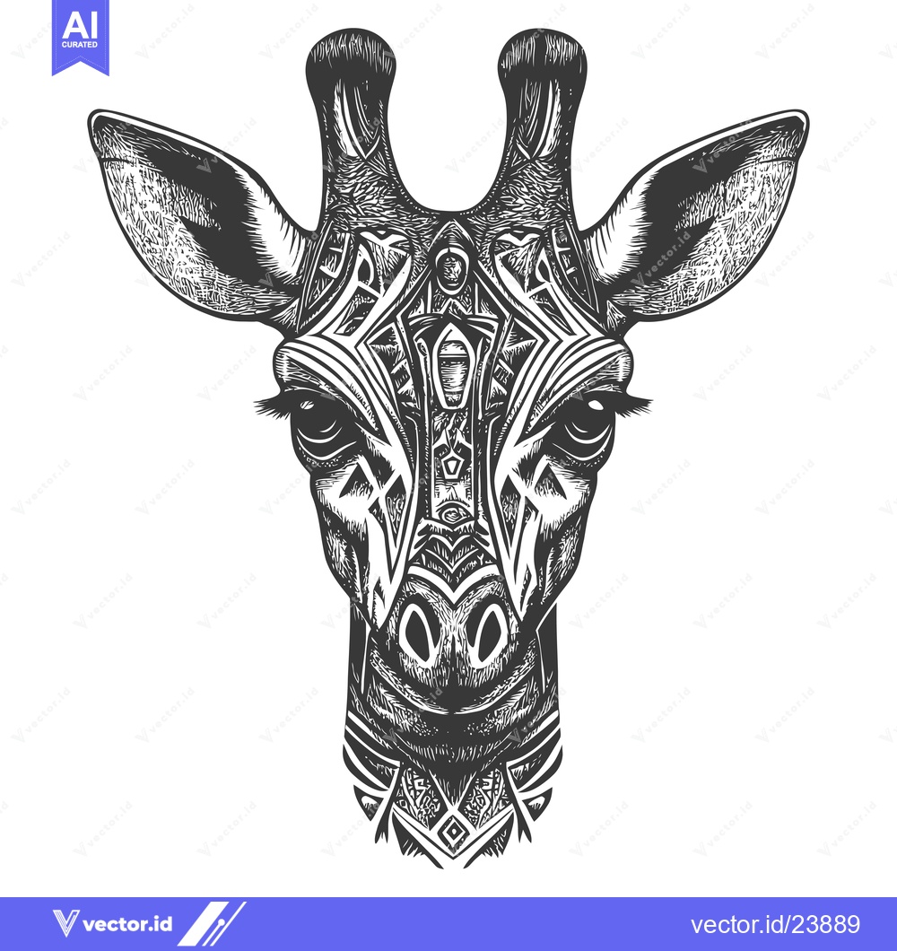 Premium Vector of Black and White Illustration of a Giraffe's Head with Tribal Pattern
