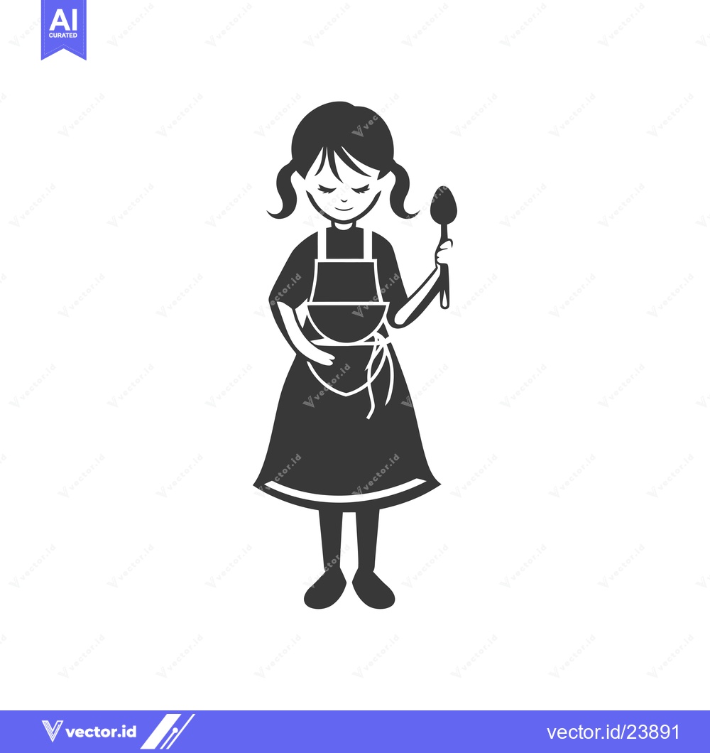 Premium Vector of Black and White Illustration of a Girl Wearing an Apron and Holding a