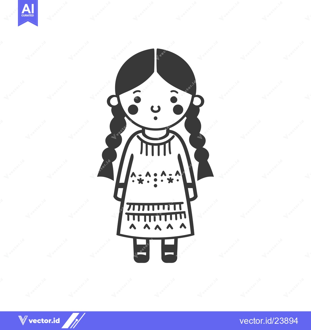 Premium Vector of Black and White Illustration of a Girl with Braids Wearing a Patterned