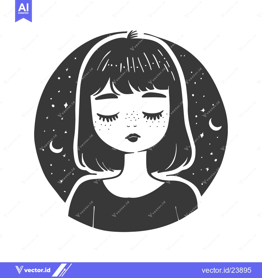 Premium Vector of Black and White Illustration of a Girl with Closed Eyes in a Night Sky