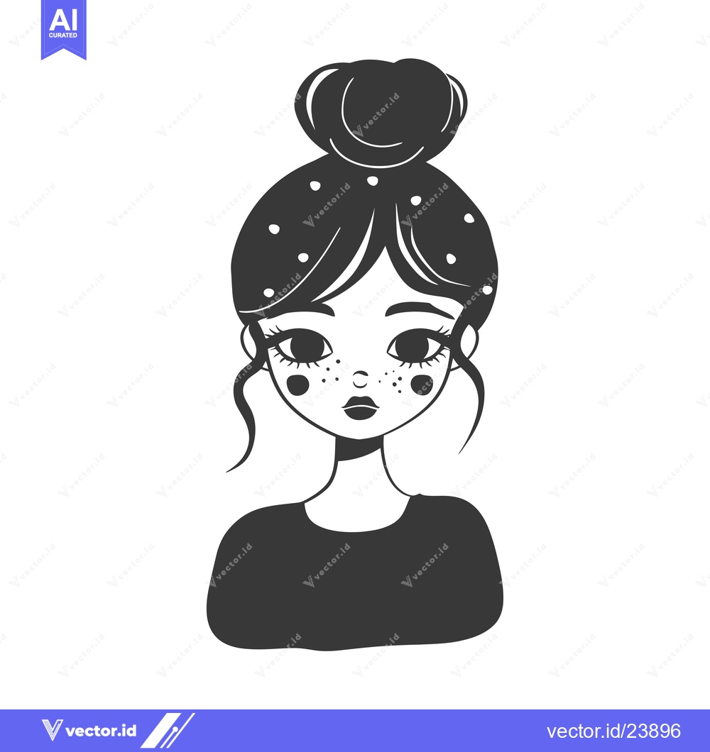 Premium Vector of Black and White Illustration of a Girl with Freckles and a Bun
