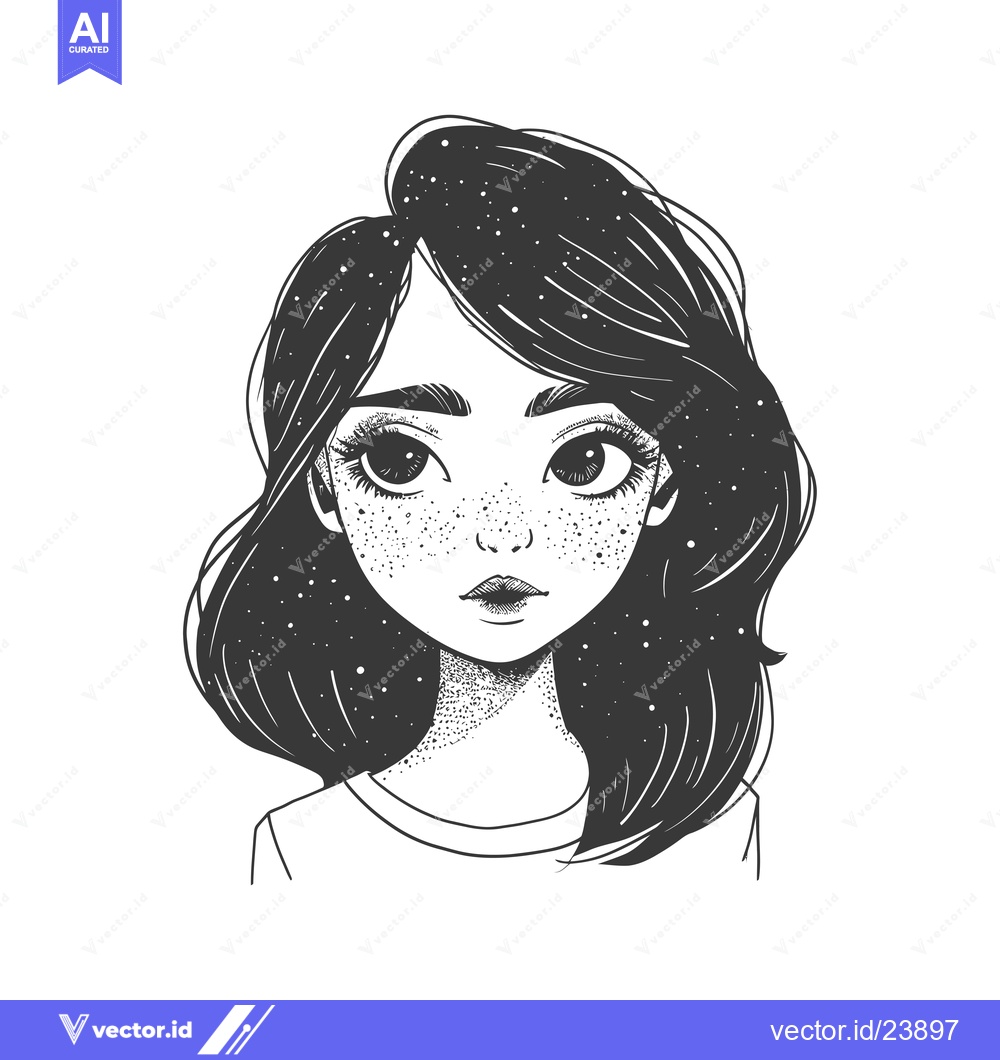 Premium Vector of Black and White Illustration of a Girl with Freckles and Starry Hair