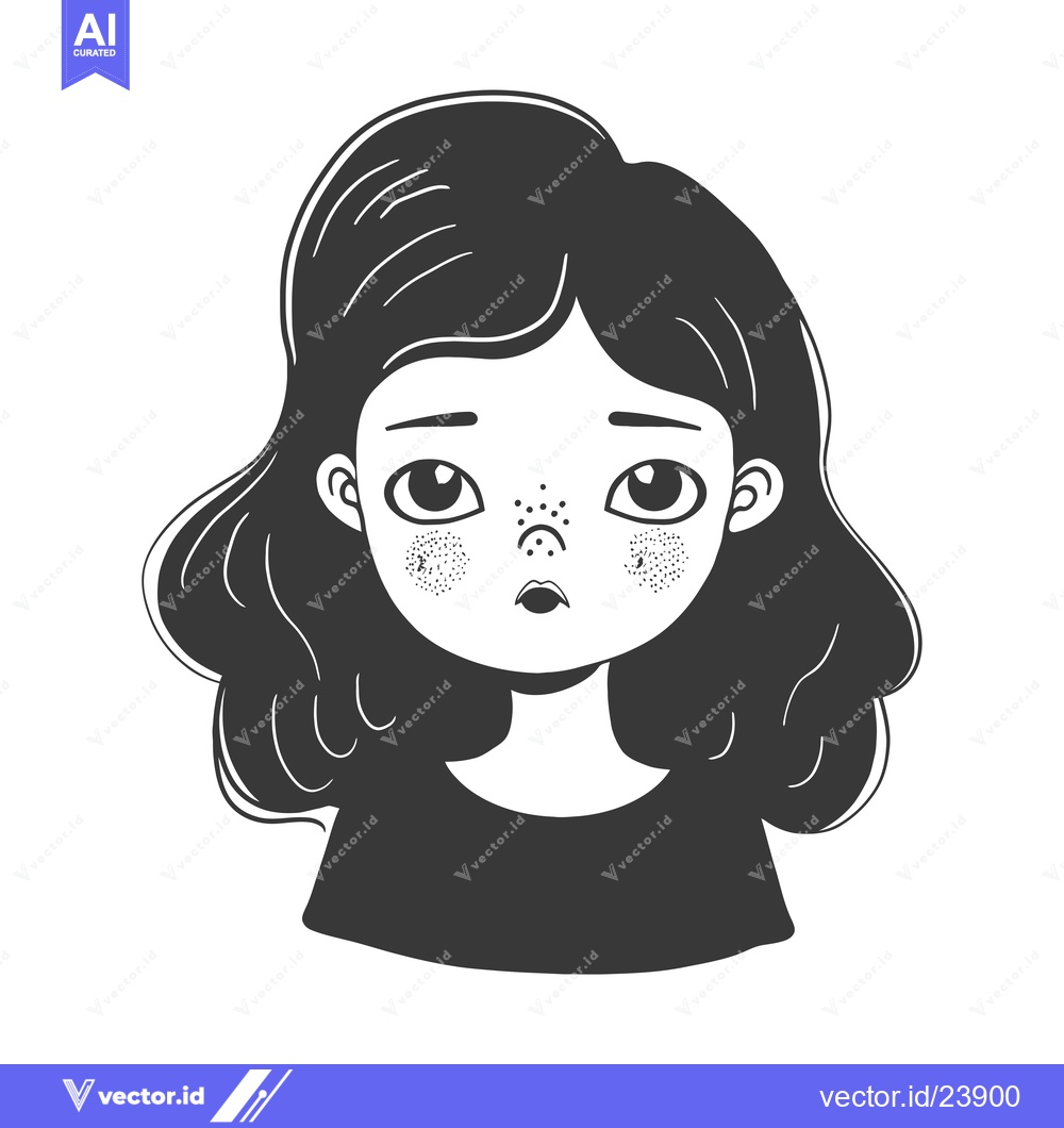 Premium Vector of Black and white illustration of a girl with long wavy hair and freckle