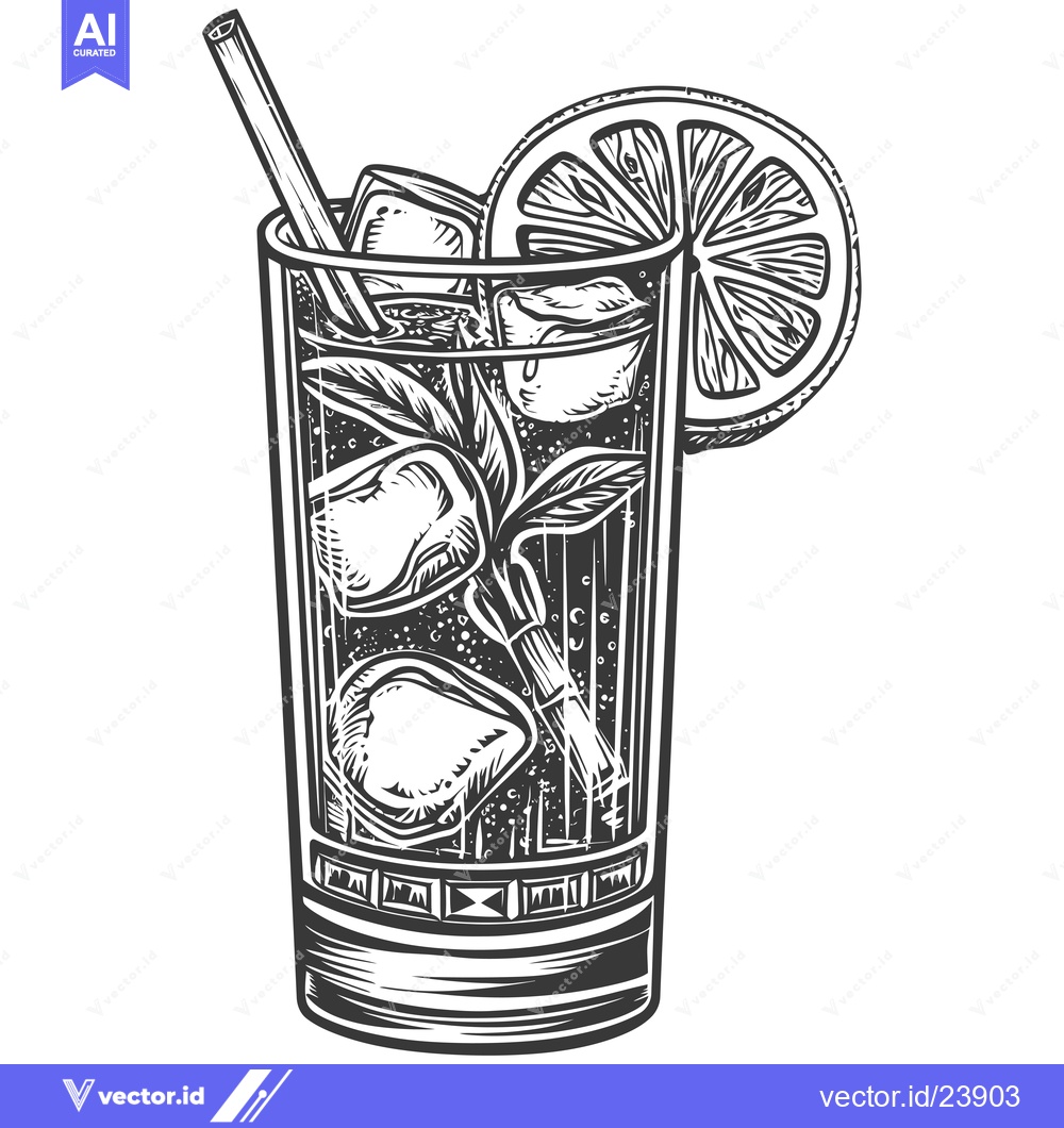Premium Vector dari Black and White Illustration of a Glass of Iced Tea with Lemon and a S