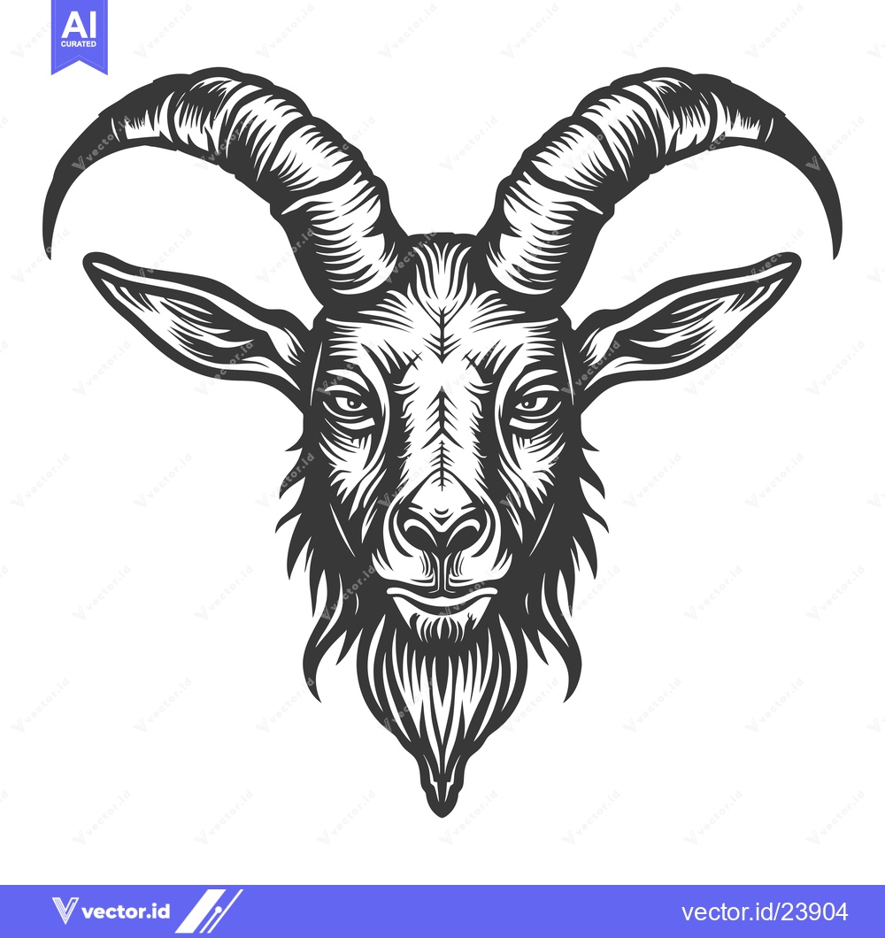 Premium Vector of Black and white illustration of a goat head with horns