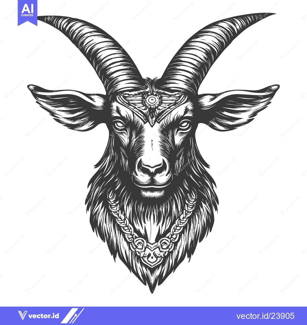 Premium Vector of Black and White Illustration of a Goat's Head with Horns and an Ornate