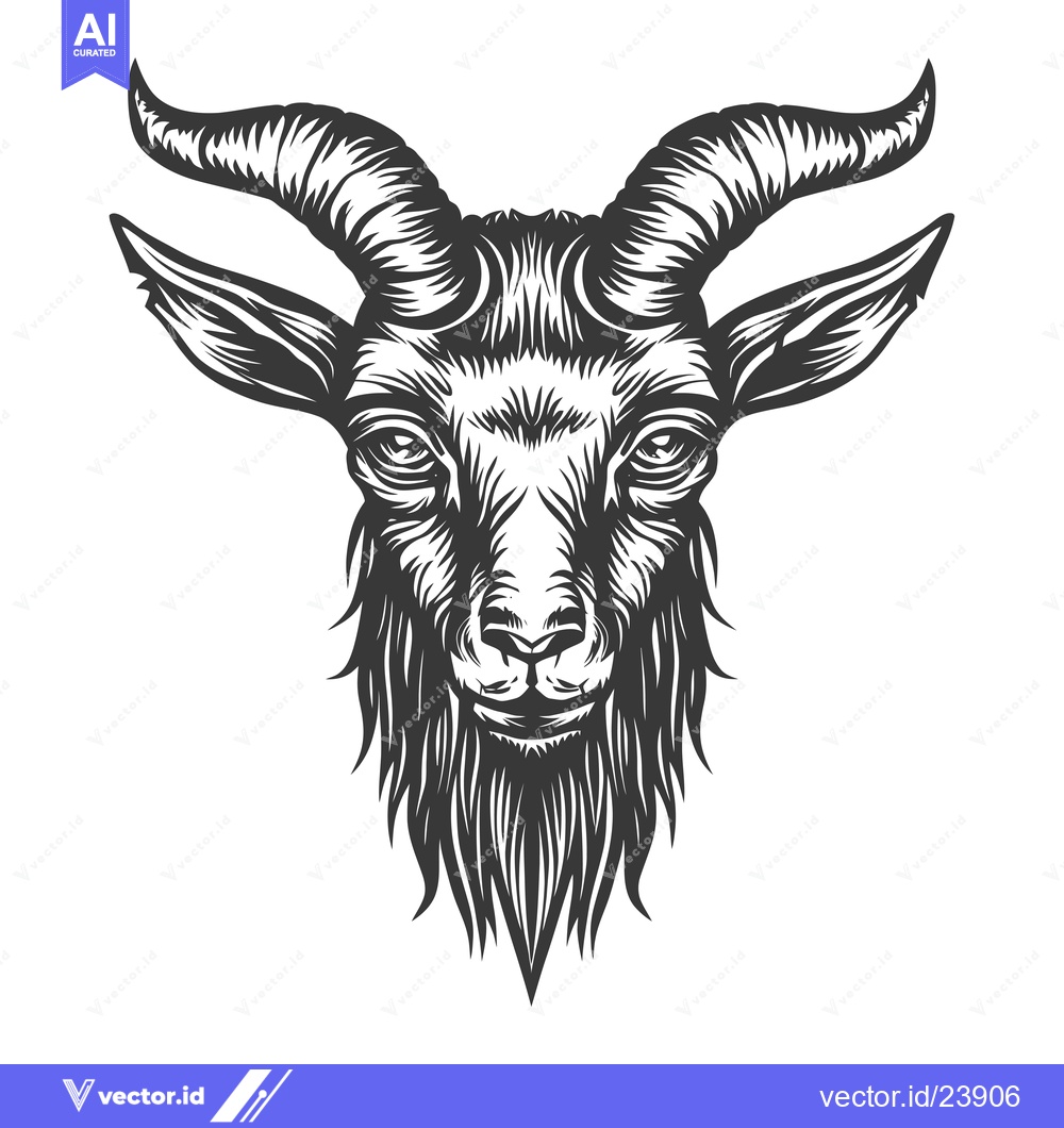 Premium Vector of Black and White Illustration of a Goat's Head with Large Horns