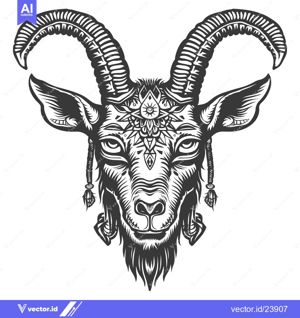 Premium Vector dari Black and White Illustration of a Goat's Head with Ornate Horns and a