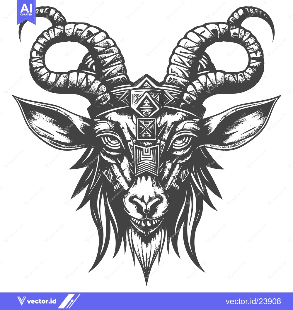 Premium Vector dari Black and White Illustration of a Goat Skull with Curved Horns and Geo