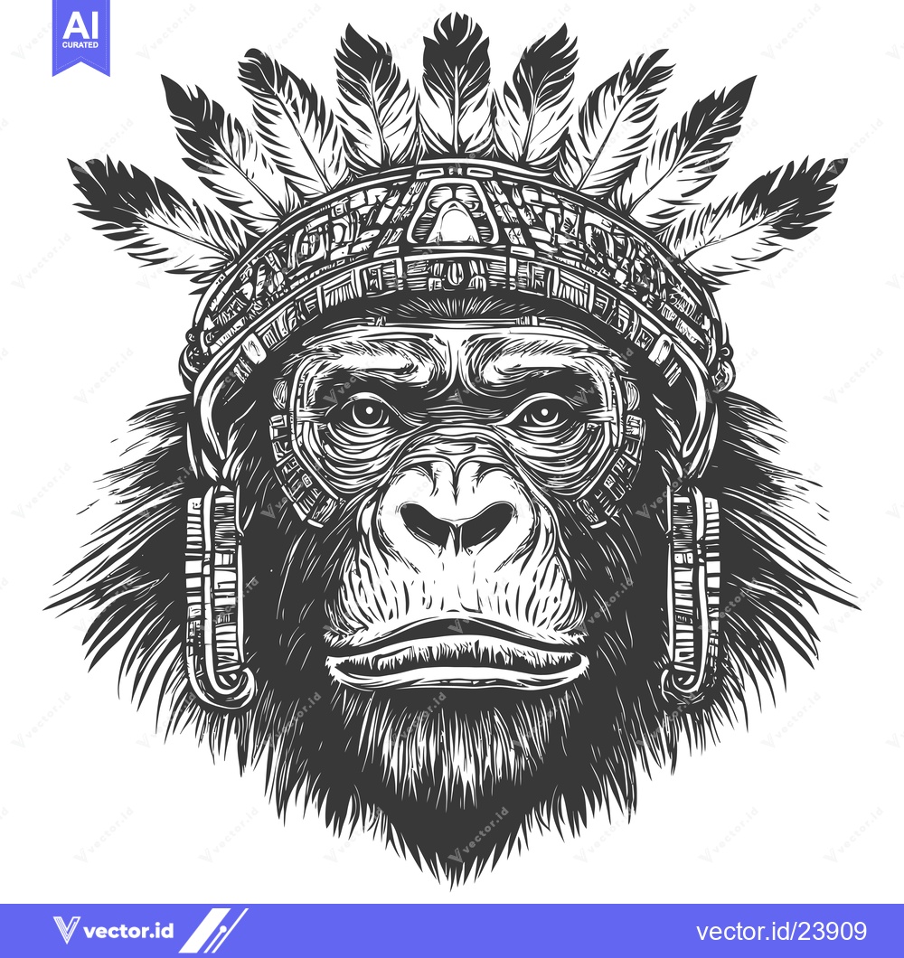 Premium Vector dari Black and White Illustration of a Gorilla in a Headdress