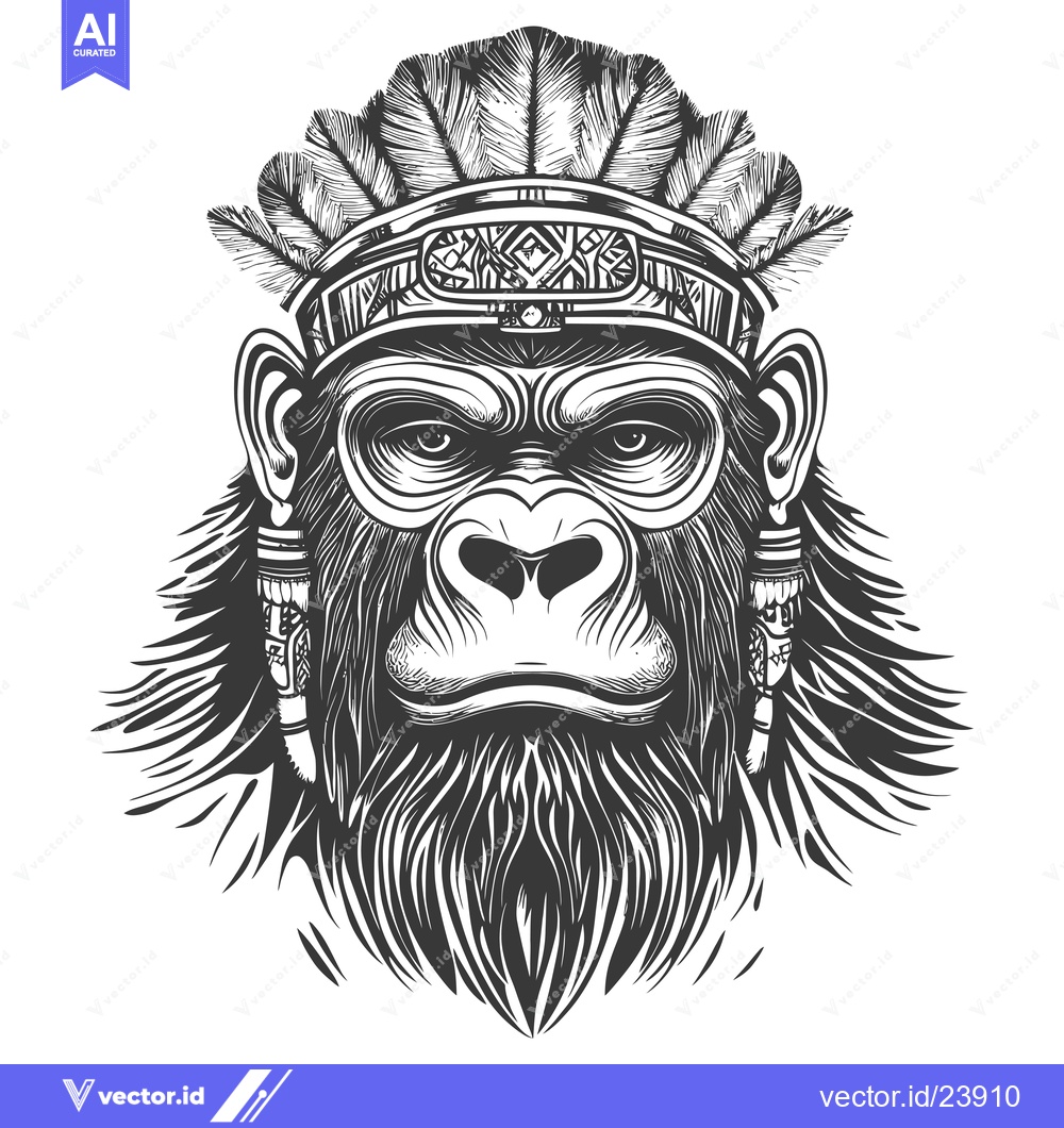 Premium Vector of Black and White Illustration of a Gorilla Wearing a Feather Headdress