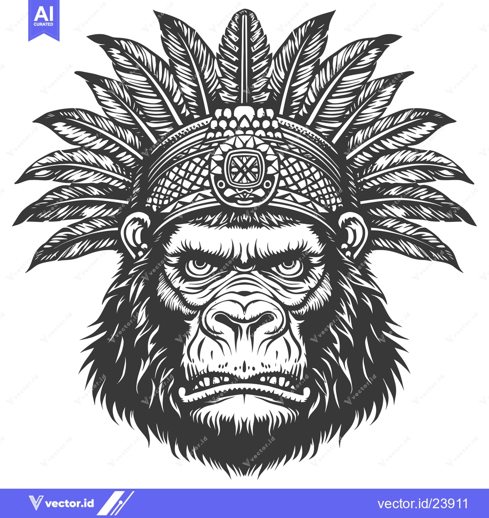 Premium Vector of Black and White Illustration of a Gorilla Wearing a Native American He
