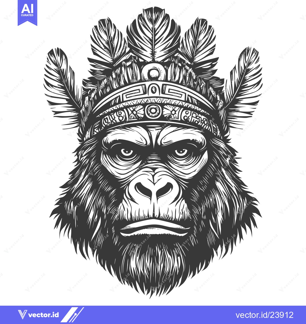 Premium Vector of Black and White Illustration of a Gorilla Wearing a Tribal Headband
