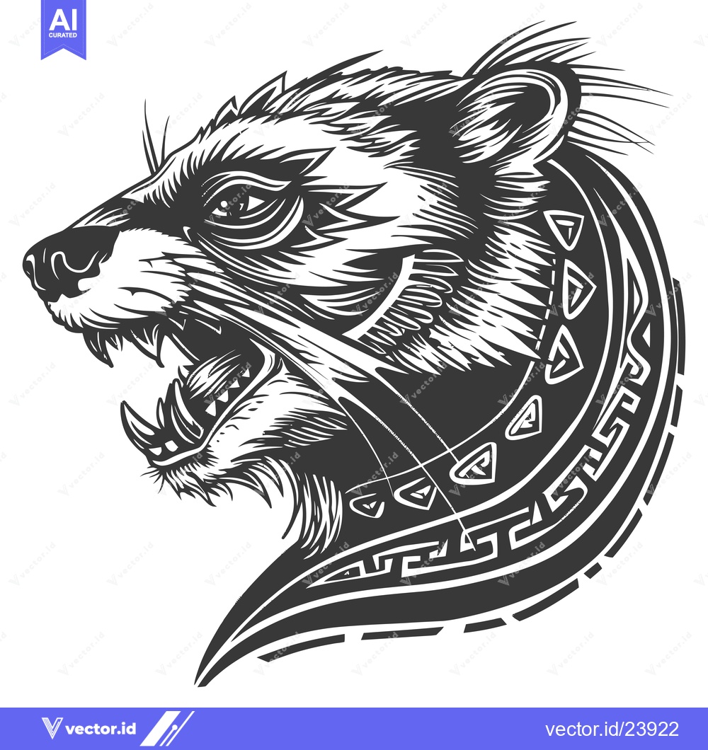 Premium Vector dari Black and White Illustration of a Growling Bear's Head with Tribal Des