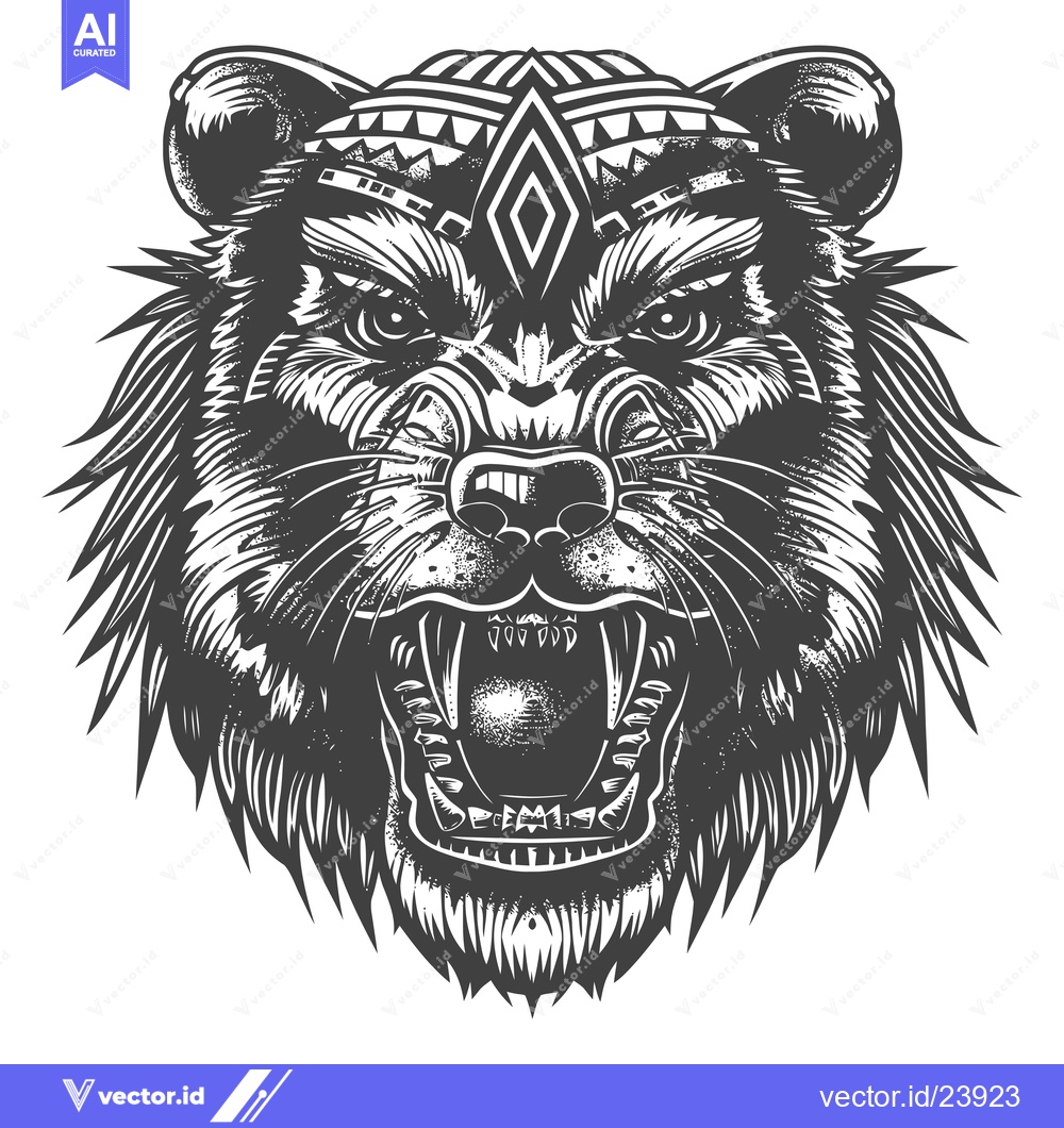 Premium Vector of Black and White Illustration of a Growling Bear with Tribal Pattern