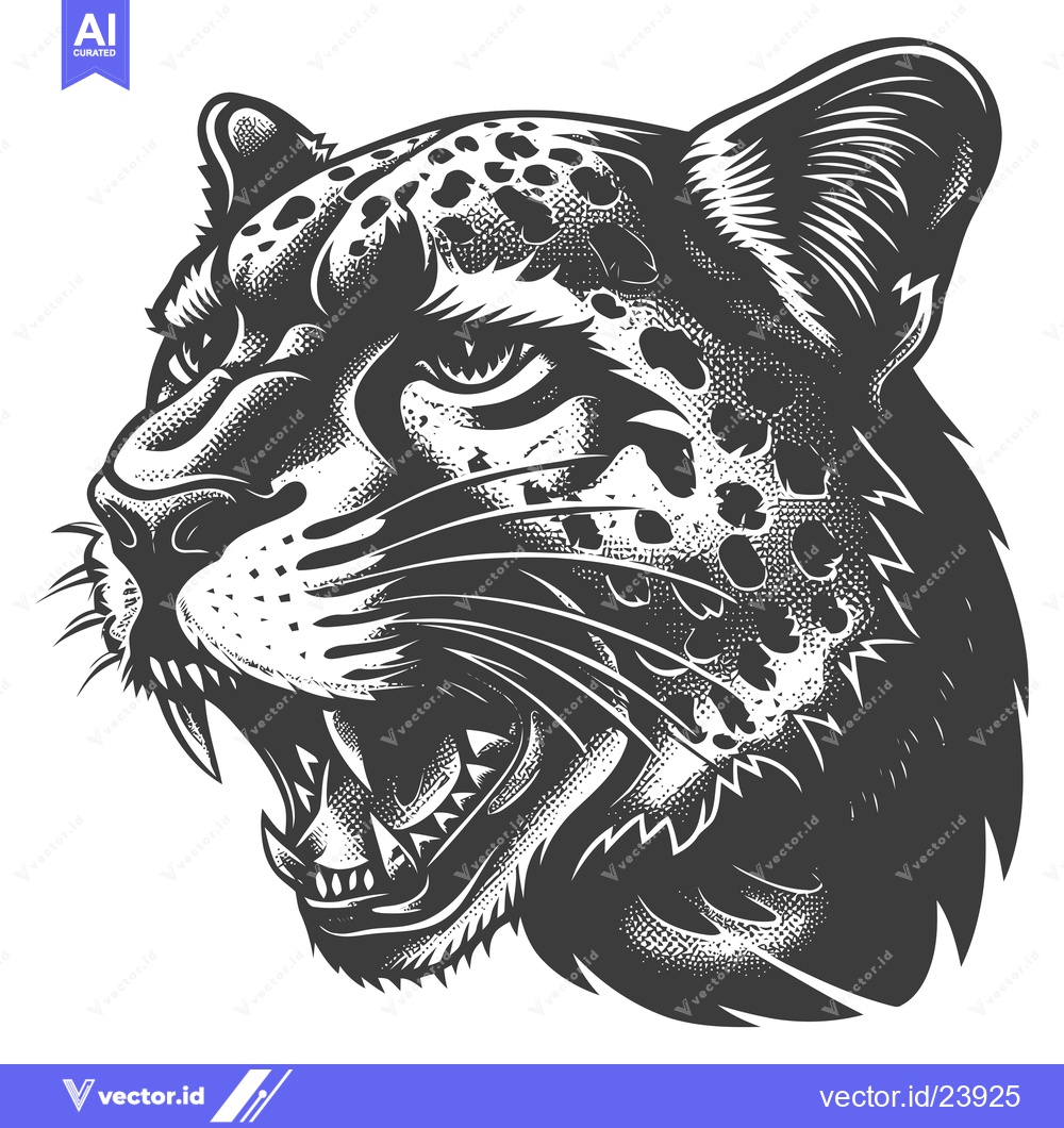 Premium Vector of Black and White Illustration of a Growling Cheetah's Head