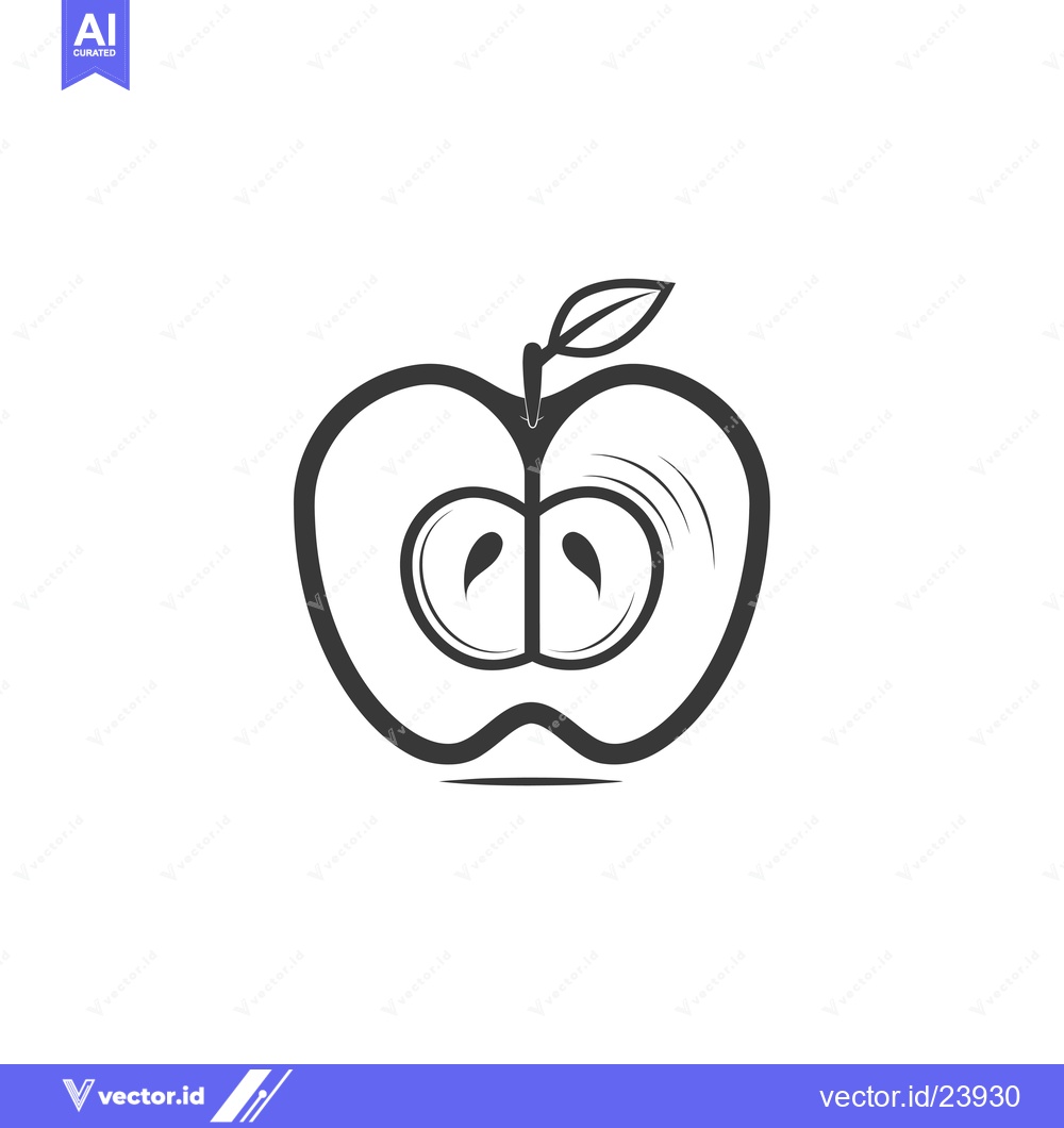 Premium Vector of Black and White Illustration of a Halved Apple with Leaf