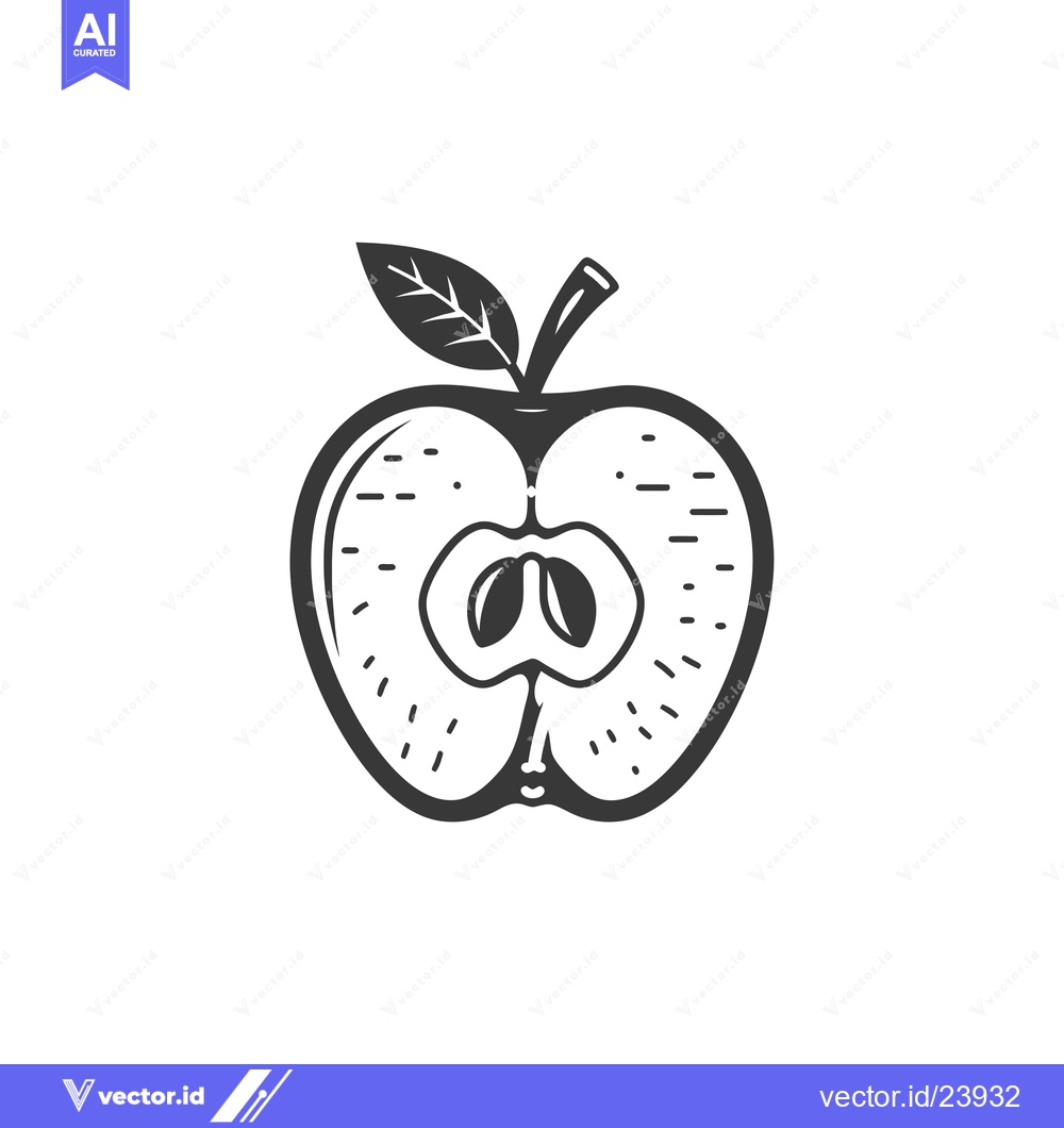 Premium Vector of Black and White Illustration of a Halved Apple with Seeds