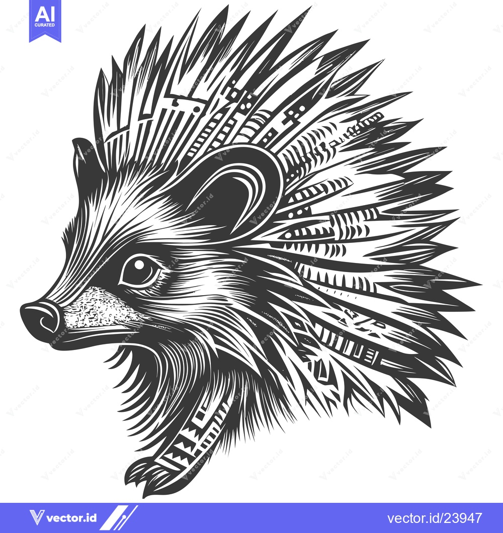 Premium Vector of Black and White Illustration of a Hedgehog with a Patterned Back